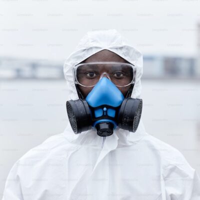 Portrait of African-American man wearing protective gear and looking at camera outdoors